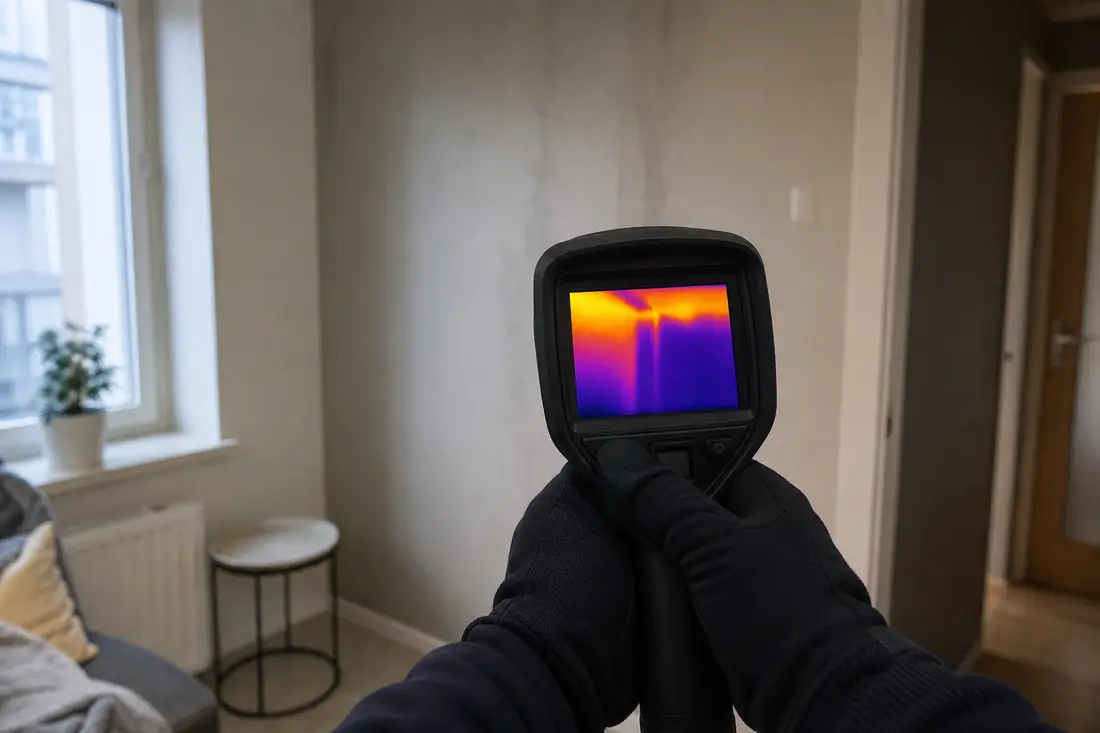 Mains gantées utilisant une caméra thermique pour localiser une fuite d'eau cachée derrière un mur