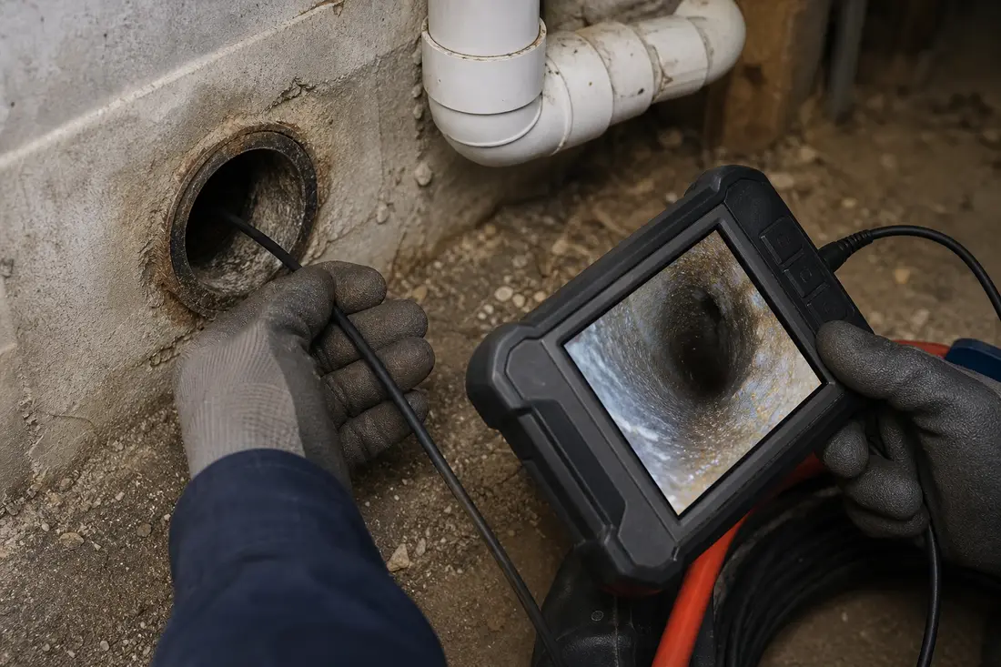 Mains gantées guidant une caméra d'inspection dans une canalisation pour localiser un bouchon