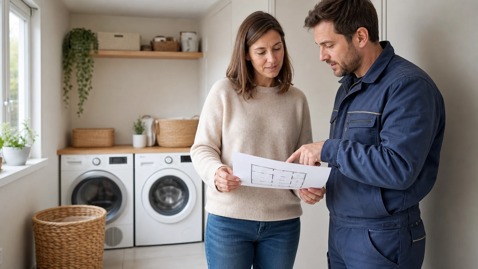 Une propriétaire et un plombier préparent le projet d’une buanderie dans un appartement suisse